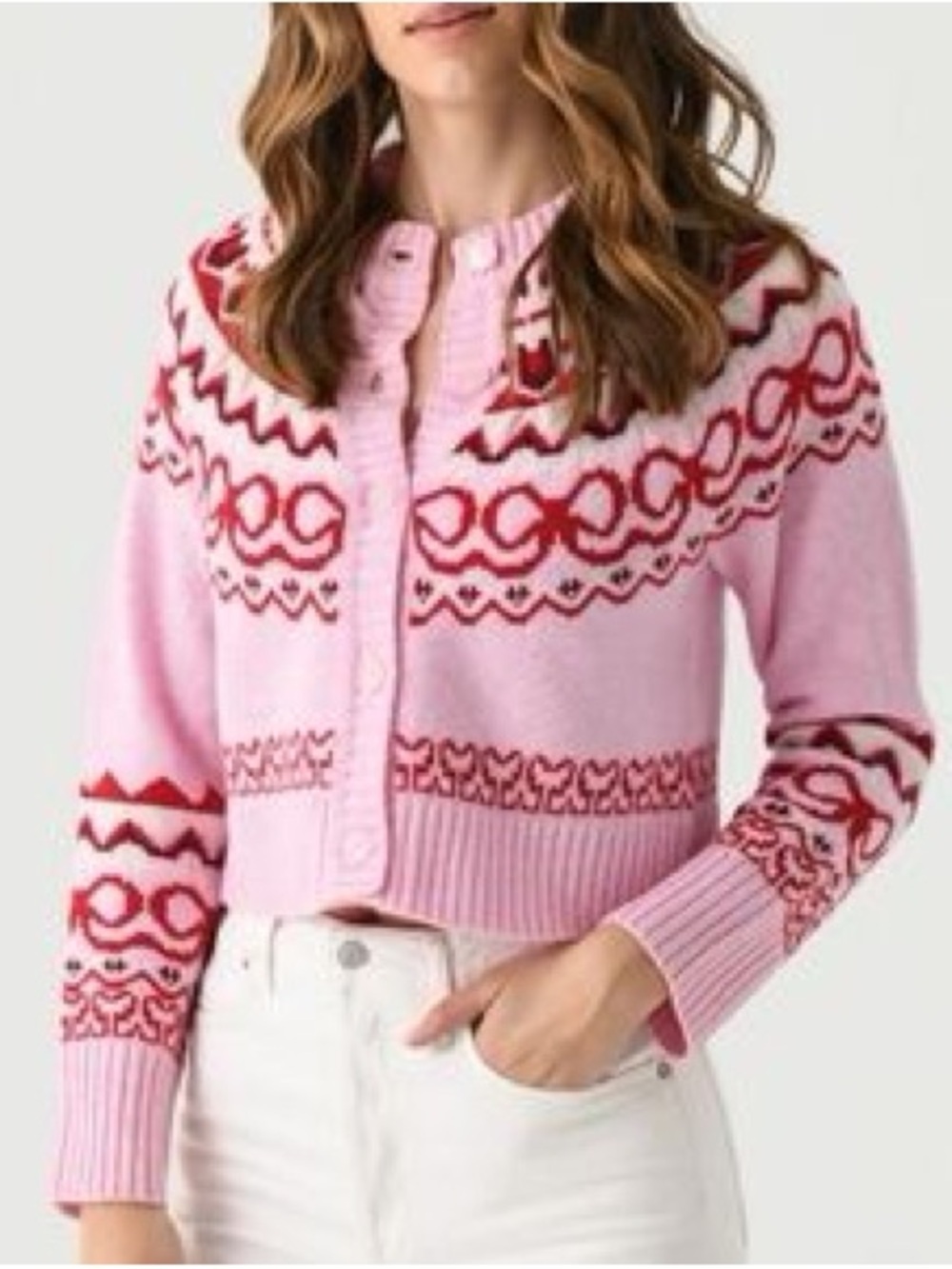 Revolve House of Harlow 1960 Pink & Red Fair Isle Cropped Cardigan